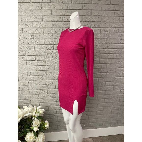 Nastygal  Bright Pink Ribbed Long Sleeve Bodycon Dress Size 8 - Picture 2 of 10